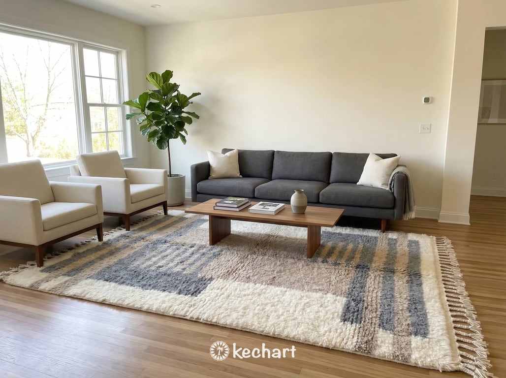 Large custom Moroccan shag rug placed beneath a king-size bed in a bohemian style primary bedroom, showing thick wool pile texture.