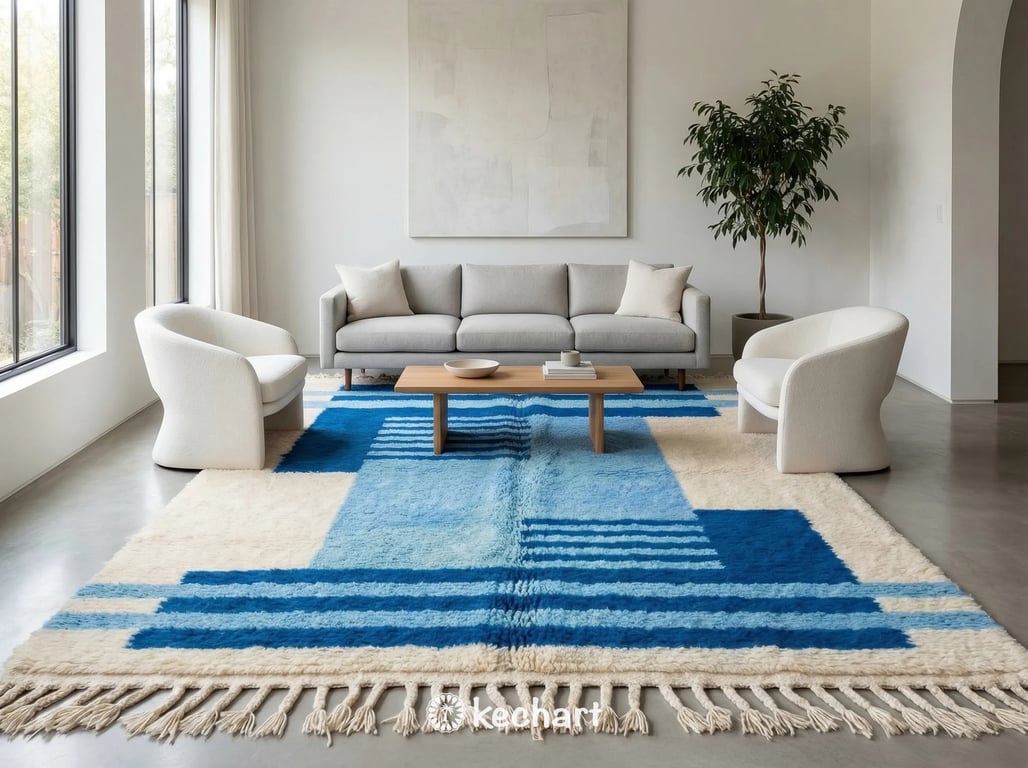 Soft wool Moroccan rug with playful blue geometric patterns in a chic designer nursery, providing a cozy play area on light oak flooring near a crib.