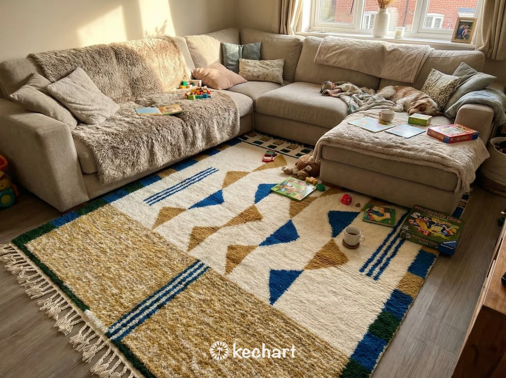 Custom Beni Ourain Rug - Made to Order Moroccan Blue & Gold Geometric Wool