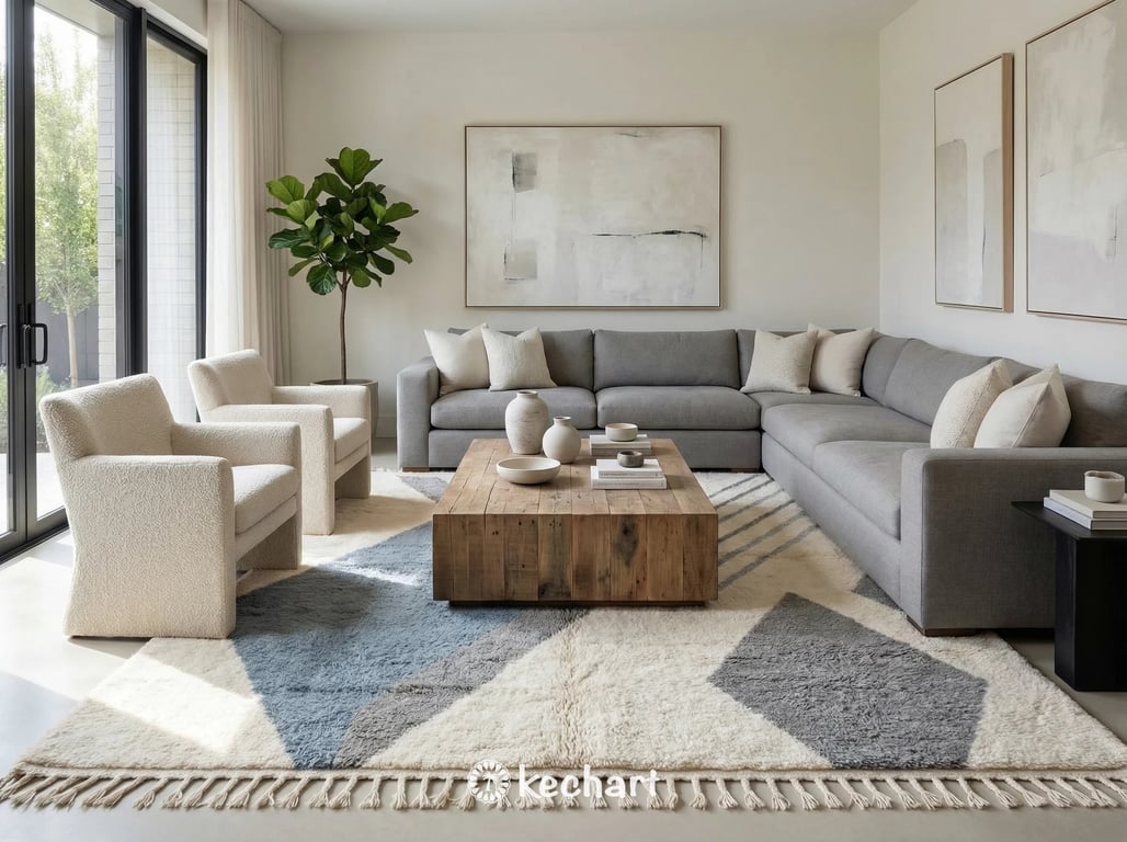 Plush grey Moroccan wool area rug with diamond patterns shown in a bohemian bedroom setting under a queen bed.