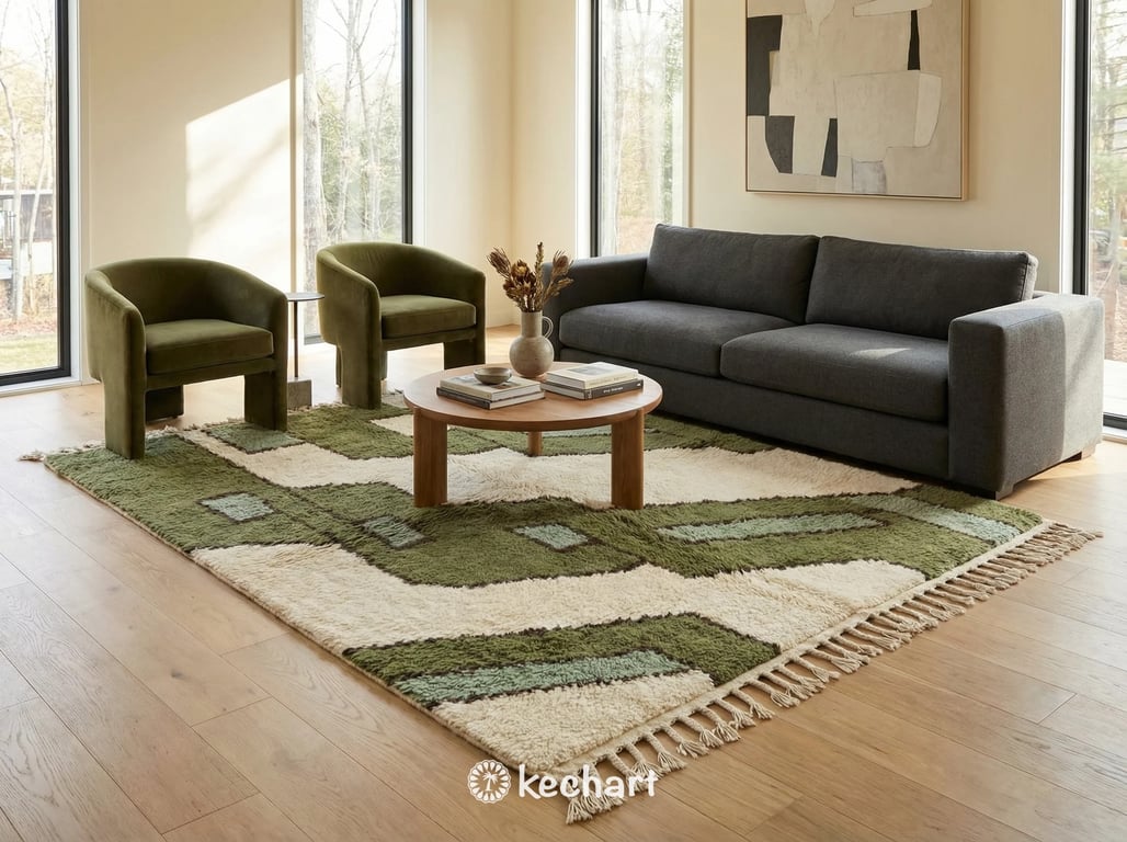 Close-up detail of handwoven high pile wool texture on a custom Beni Ourain rug, showing the intricate interplay of olive, sage, and raw umber colored yarns.