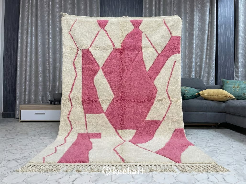 Custom Beni Ourain Rug | Made to Order Moroccan Wool | Cream & Pink Diamonds