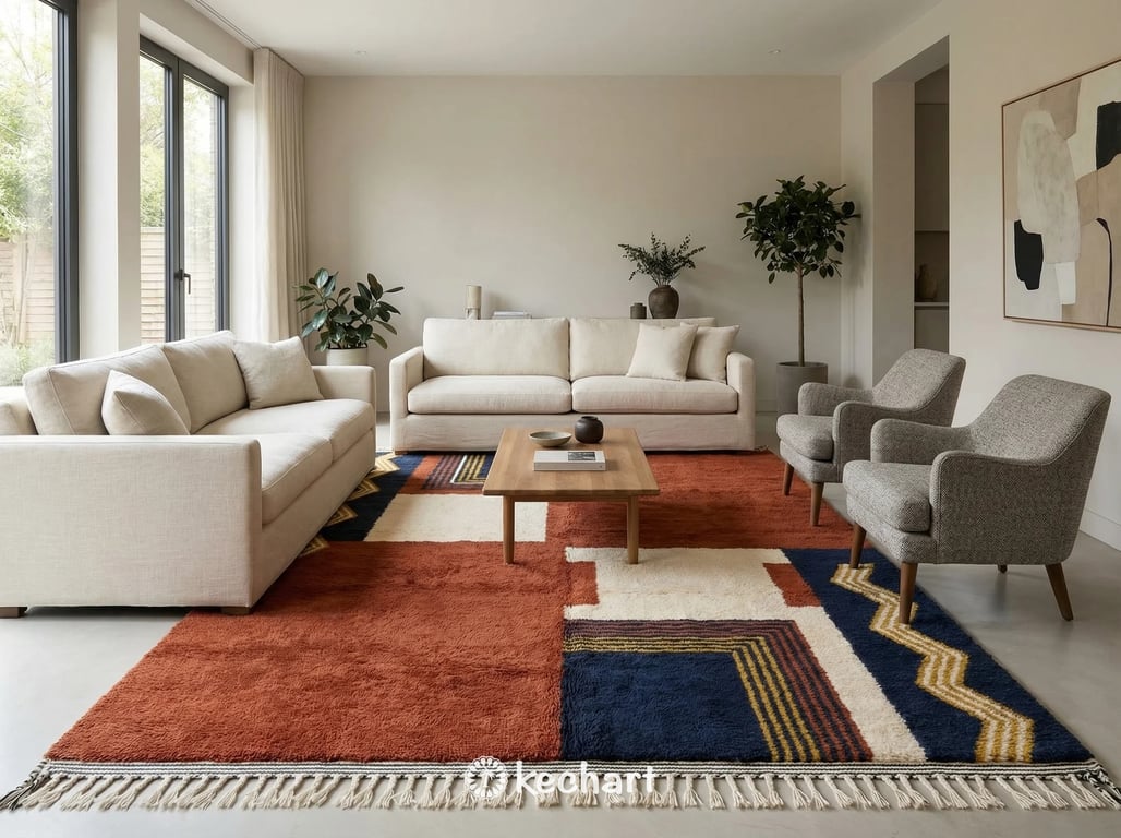 Authentic handcrafted Berber rug from Morocco shown in a sunlit dining area, illustrating the bespoke sizing options available for unique spaces.