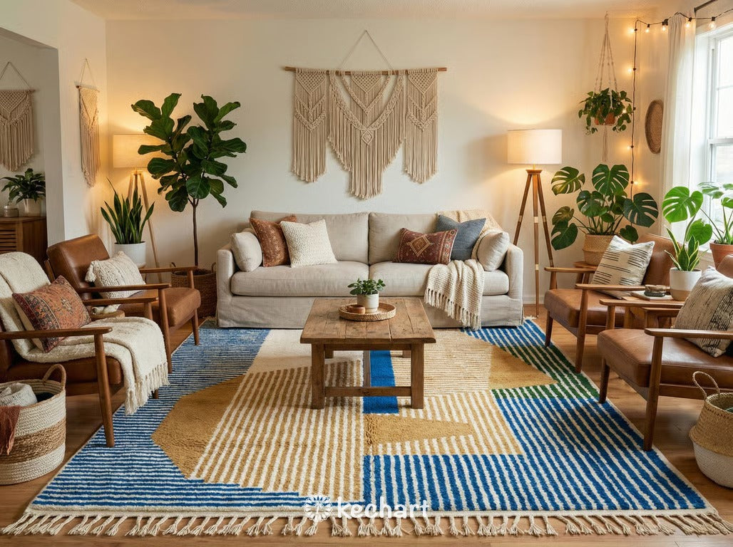 Large custom Beni Ourain area rug anchored in a modern bohemian living room, contrasting beautifully with a neutral linen sofa and wooden coffee table.