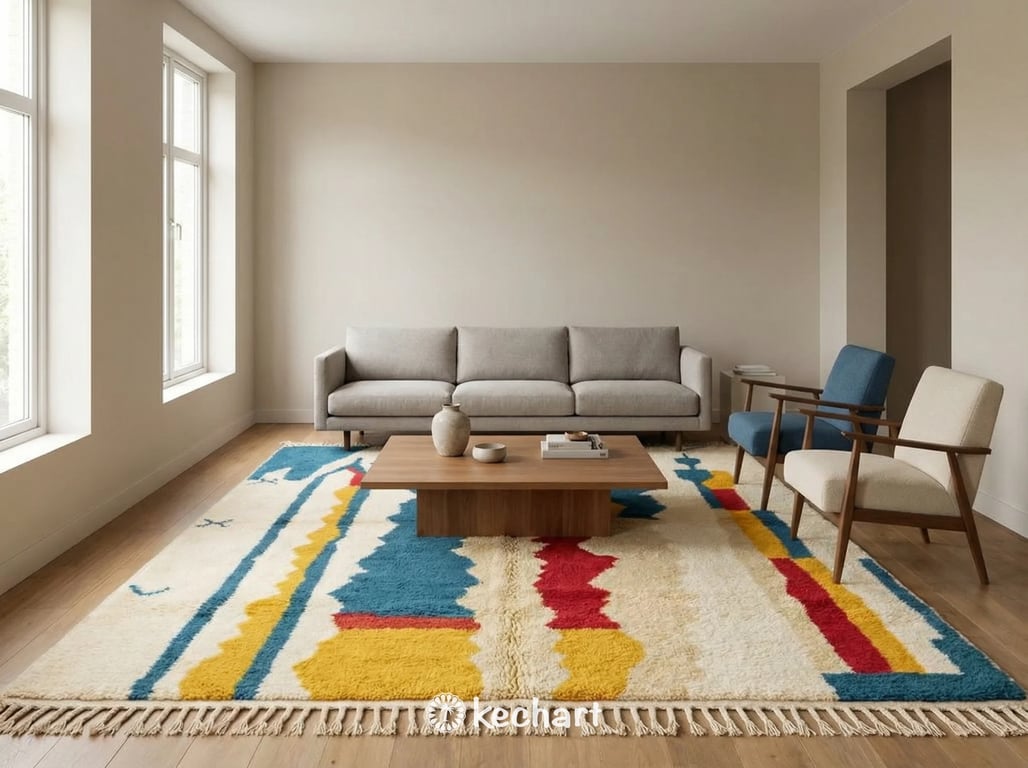 Large custom Moroccan area rug in a modern bohemian living room, plush colorful wool texture anchoring a neutral sofa and wooden coffee table.