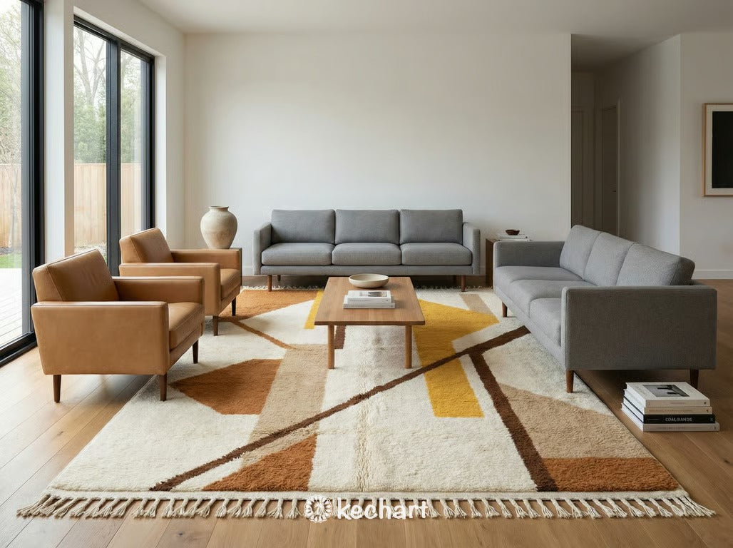 Plush shag Beni Ourain rug in saffron and brown earth tones placed partially under a king-size bed in a cozy, minimalist master bedroom setting.