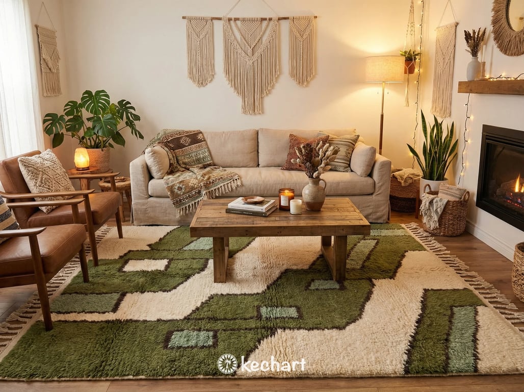 Plush custom wool Berber rug placed under a queen bed in a bohemian bedroom setting, adding texture and warmth with green and beige earth tones.