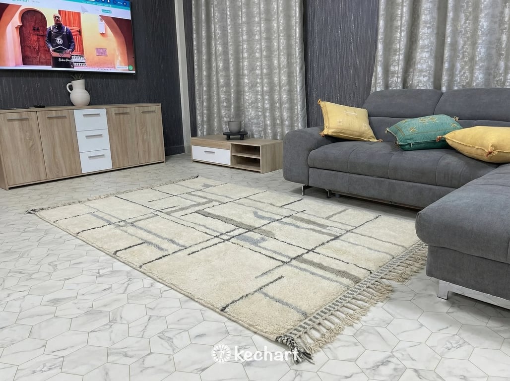 Custom size geometric Moroccan rug in soft grey and white used as a cozy statement piece in a Scandi-style nursery or modern home office.