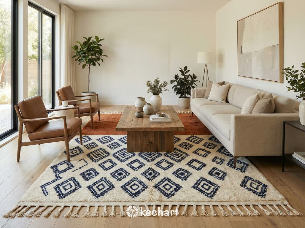 Large custom Moroccan area rug in rust, navy, and cream anchoring a modern living room with a neutral linen sofa, wooden coffee table, and bohemian decor accents.