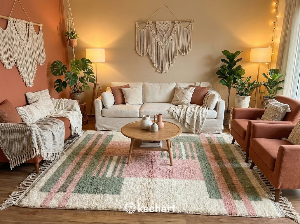 Soft wool Moroccan nursery rug featuring gentle sage green and powder pink diamond designs creating a cozy play area.