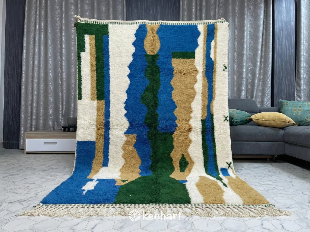 Close-up detail shot of handwoven Beni Ourain wool rug showing the thick pile texture and vibrant blue, green, and gold dyed yarns.