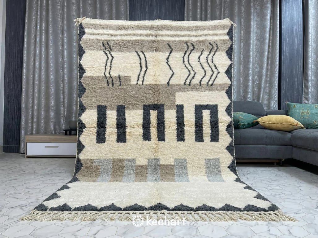 Plush Berber wool area rug in slate grey and white geometric design defining a dining area with wooden furniture, showcasing elegant Moroccan craftsmanship.