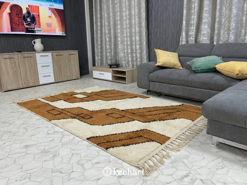 Close-up view of handwoven Beni Ourain rug texture, highlighting the natural wool fibers and the artisan craftsmanship of the geometric diamond design.