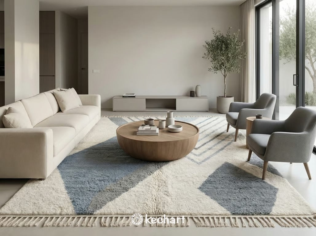Large custom grey Beni Ourain shag rug anchoring a minimalist living room with a white linen sofa and light wood coffee table.