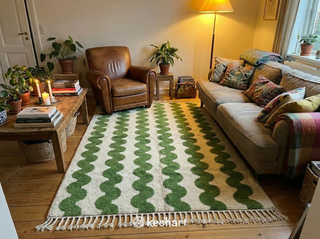 Custom Beni Ourain Rug - Handwoven Moroccan Wool in Cream & Leaf Green