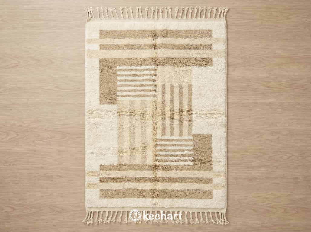 Close up texture shot of custom Beni Ourain Moroccan rug showing plush cream wool pile and geometric diamond pattern, handwoven with traditional fringe.