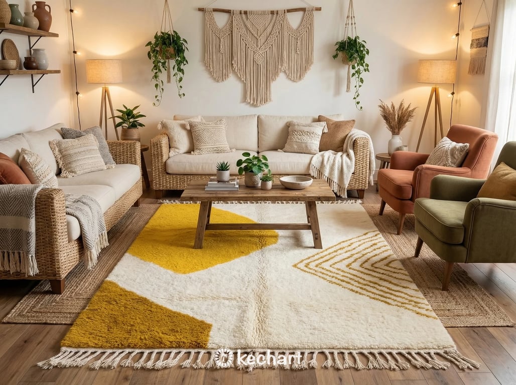 Large custom Moroccan wool rug featuring sunny yellow diamonds placed under a king-size bed in a bright, bohemian style bedroom setting.