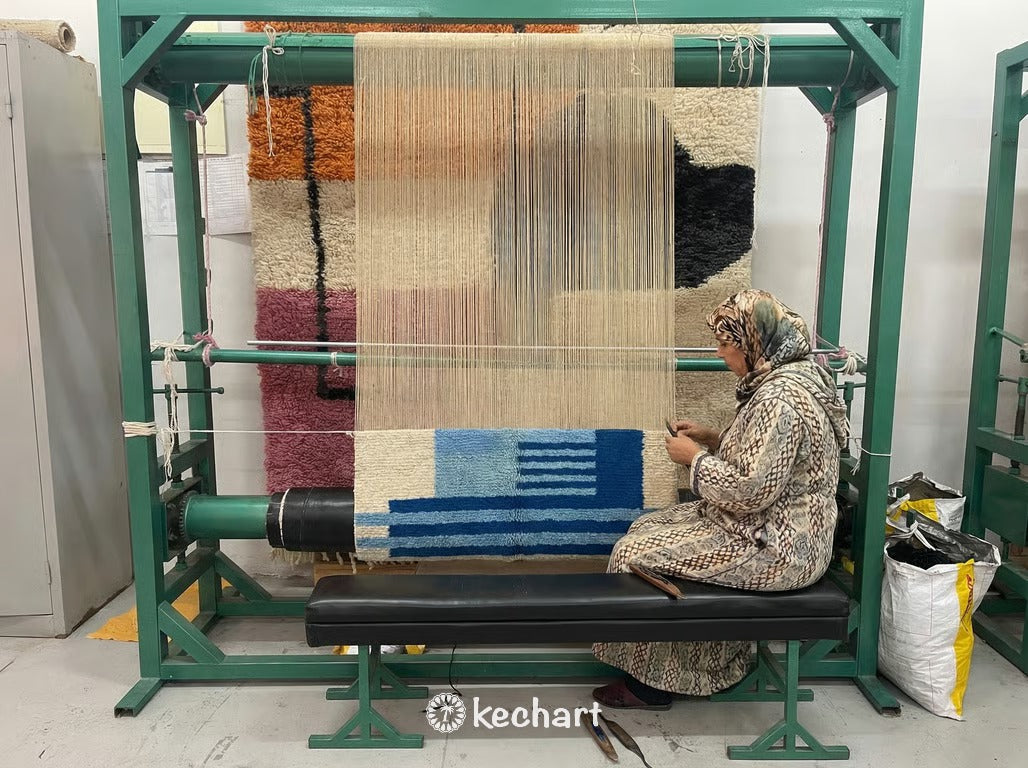 Custom Beni Ourain Rug - Handwoven Cream & Blue Wool - Made to Order