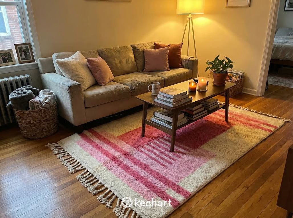 Custom Beni Ourain Rug - Soft White & Candy Pink Geometric Diamond Pattern