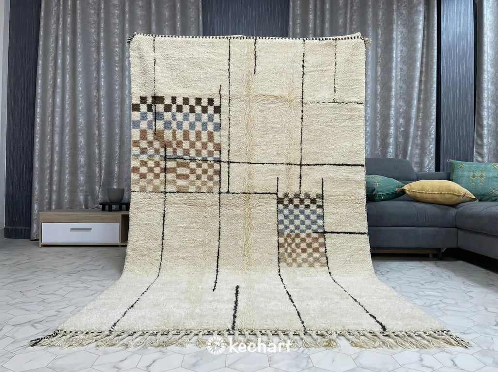Custom Beni Ourain Wool Rug - Handwoven Geometric Design in Sand & Blue Tones
