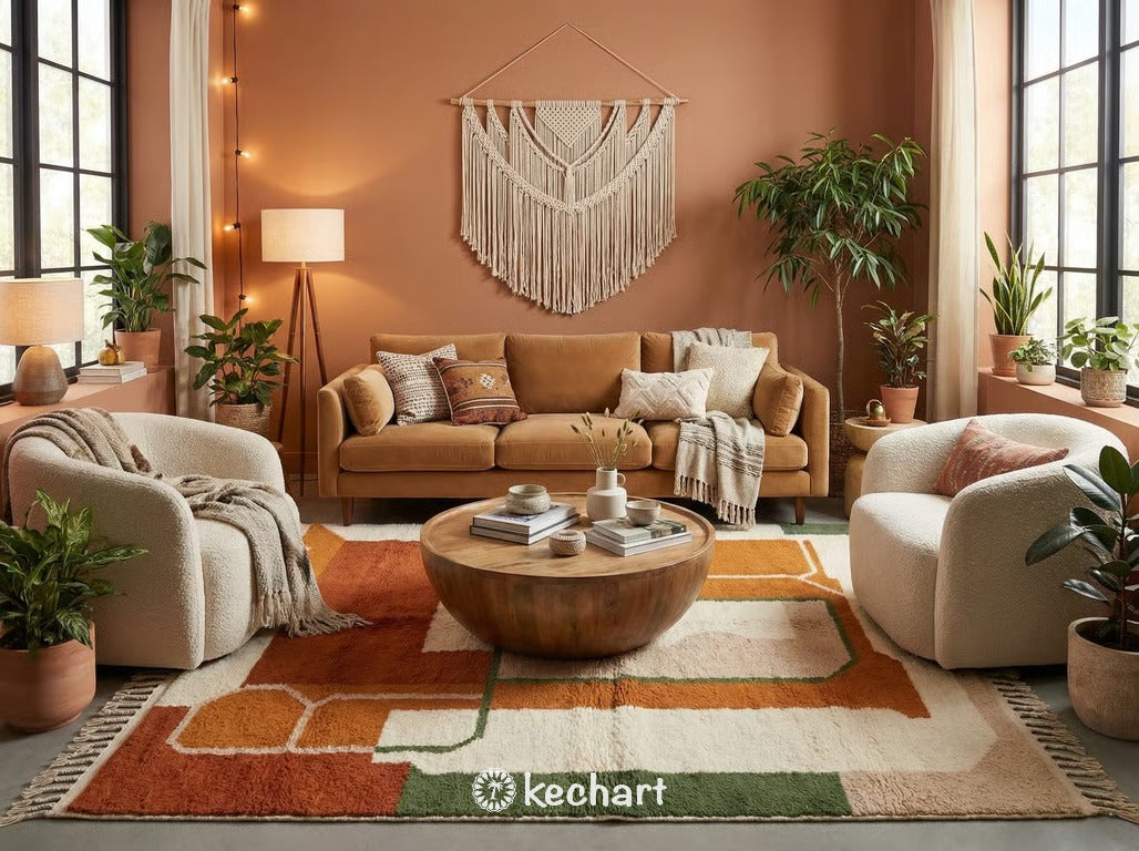Plush shag wool rug placed under a king-size bed in a cozy master bedroom, adding texture and warmth with its rust and beige diamond motifs.