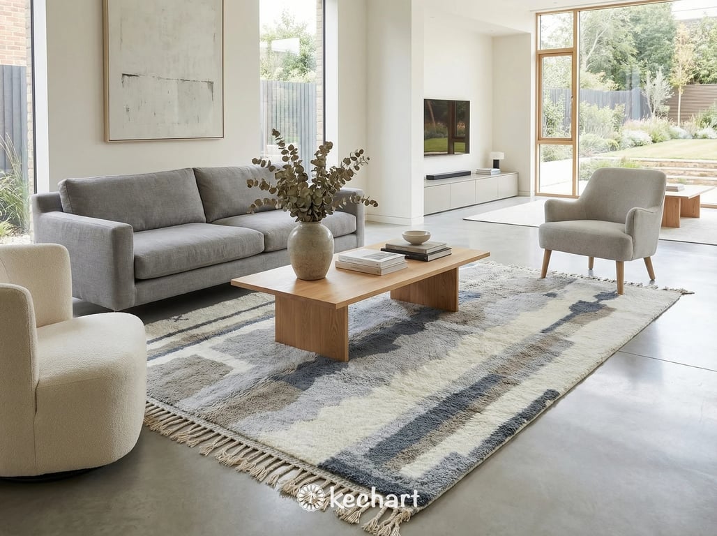 Large custom grey Beni Ourain area rug with white diamond pattern anchoring a contemporary minimalist living room with a linen sofa.