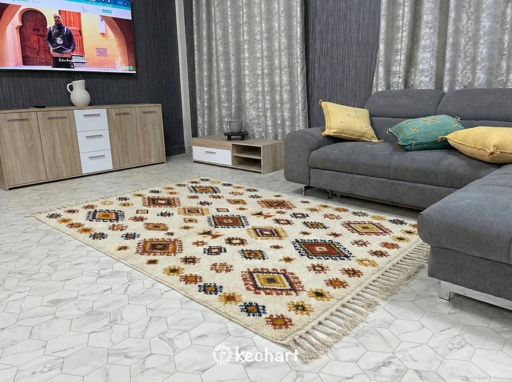 Large custom Beni Ourain rug placed under a bed in a tranquil master bedroom, adding texture with its thick wool pile and distinct navy and rust berber motifs.
