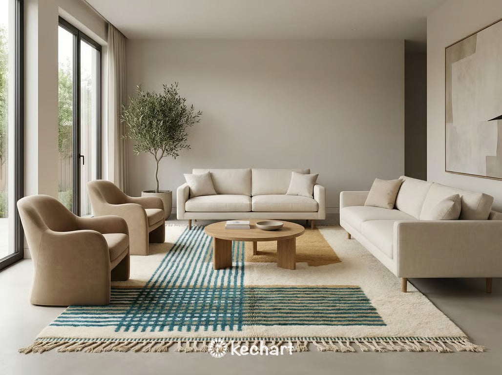 Plush handmade Moroccan wool rug placed beside a bed in a serene master suite, adding texture and warmth with its soft white base and colorful geometric diamond design.