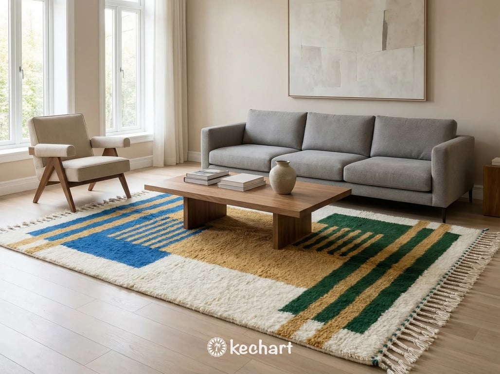 A large, custom-made Beni Ourain area rug with blue and gold geometric patterns anchored in a contemporary living room setting, beneath a cream linen sofa and rustic wooden coffee table.