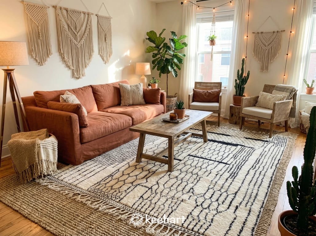 Modern bohemian living room featuring a large made-to-order Beni Ourain shag rug in cream and grey anchoring a white linen sofa and oak coffee table.