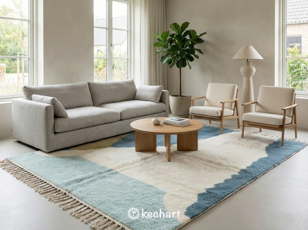 Medium sized made-to-order Berber rug in a modern nursery, providing a soft play area with its thick wool pile and calming blue and sand diamond motif.