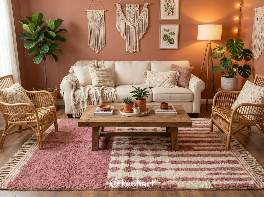 Large slate rose Beni Ourain area rug anchoring a modern, minimalist living room, contrasting elegantly with a cream linen sofa and natural wood coffee table.