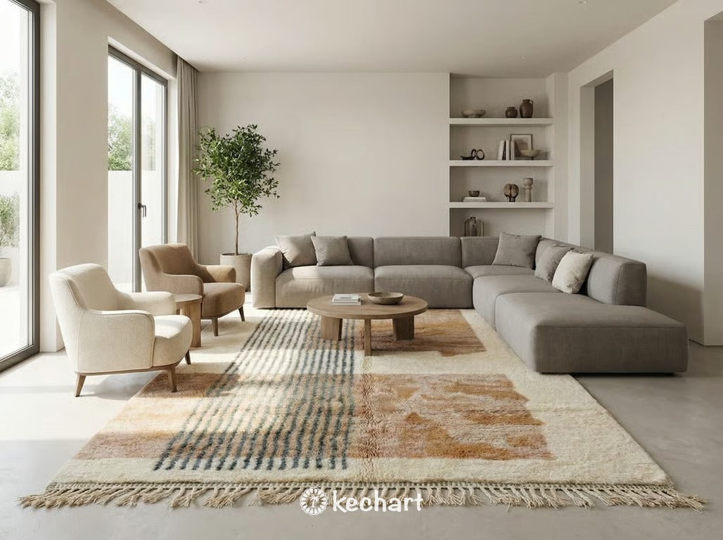 Large custom Moroccan wool area rug anchoring a bohemian living room with a linen sofa, wooden coffee table, and abundant plants.