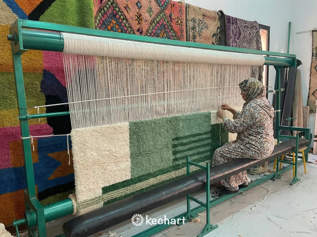 Custom Beni Ourain Rug - Plush Green Geometric Diamond Wool Rug, Made to Order