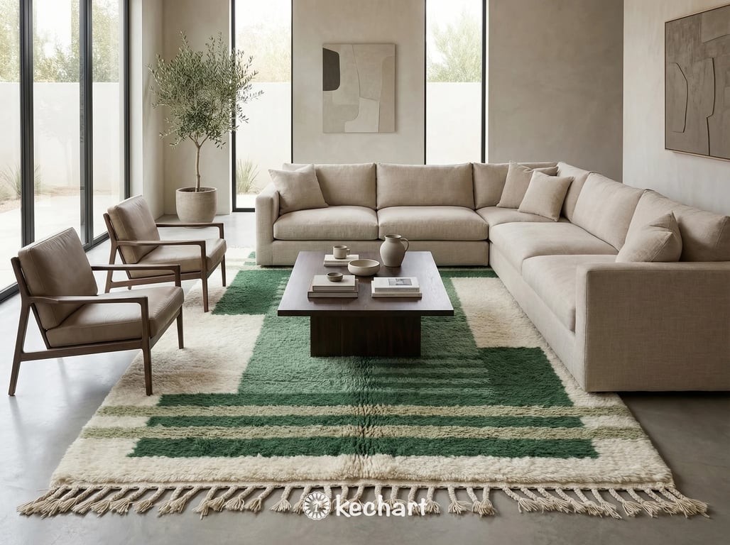Luxurious sage green and pesto geometric Berber rug shown under a bed in a cozy bohemian bedroom, highlighting the soft, shaggy pile.