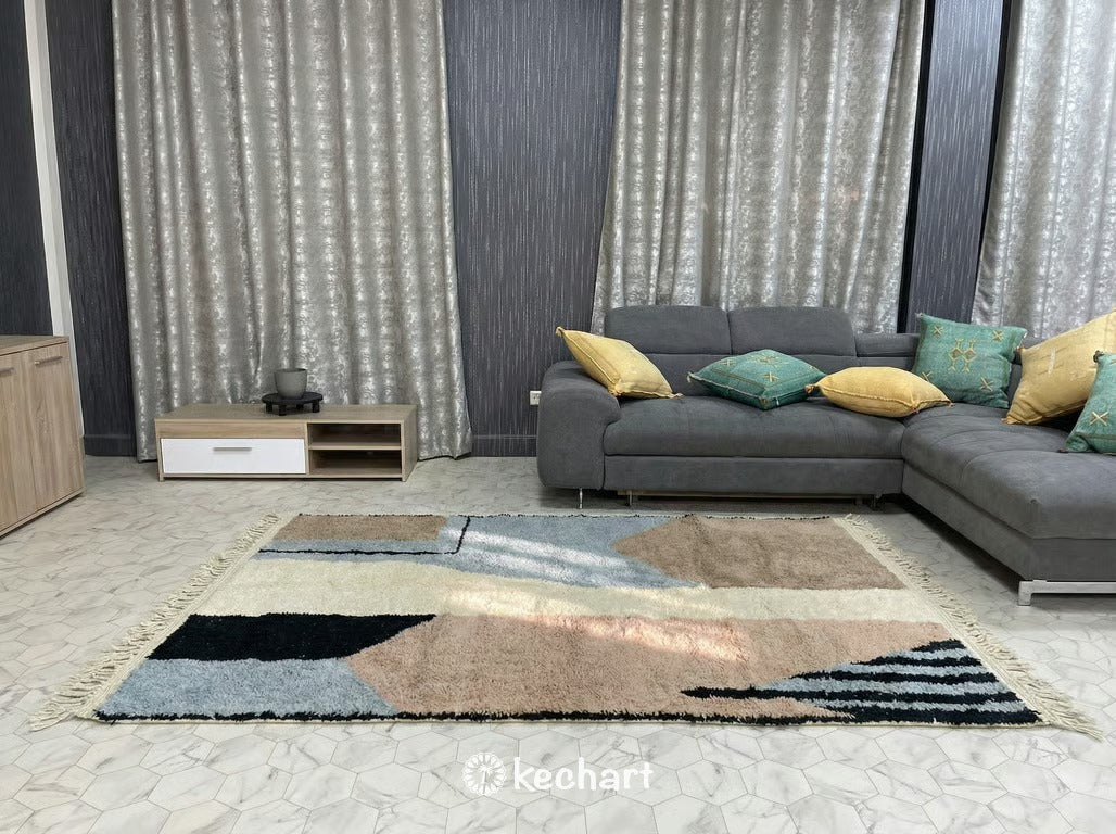 Runner size custom Moroccan rug in an entryway hallway, showing the durable wool construction and welcoming geometric pattern in earthy tones.