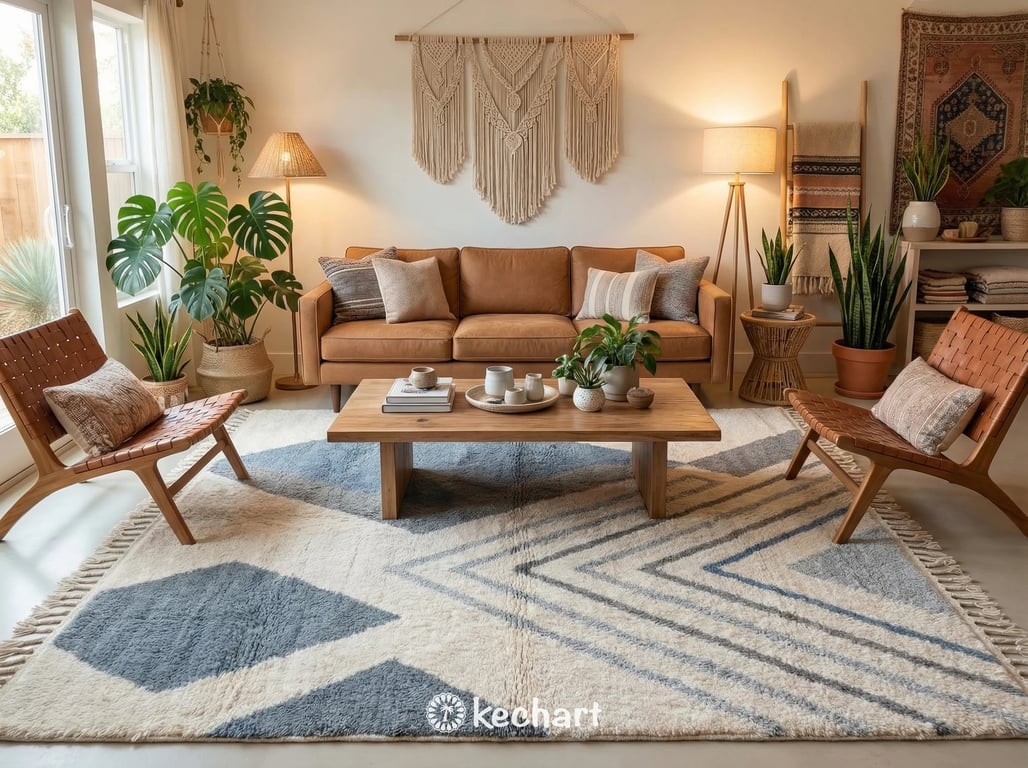 A modern grey Beni Ourain rug with traditional fringe placed in a sunlit Scandinavian style room showing the soft sheen of natural wool.