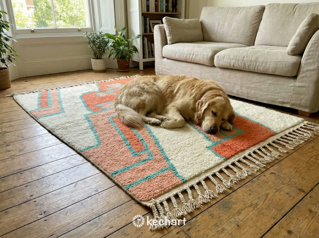 Custom Beni Ourain Moroccan Rug - Made to Order Wool Rug, Coral & Turquoise Diamond