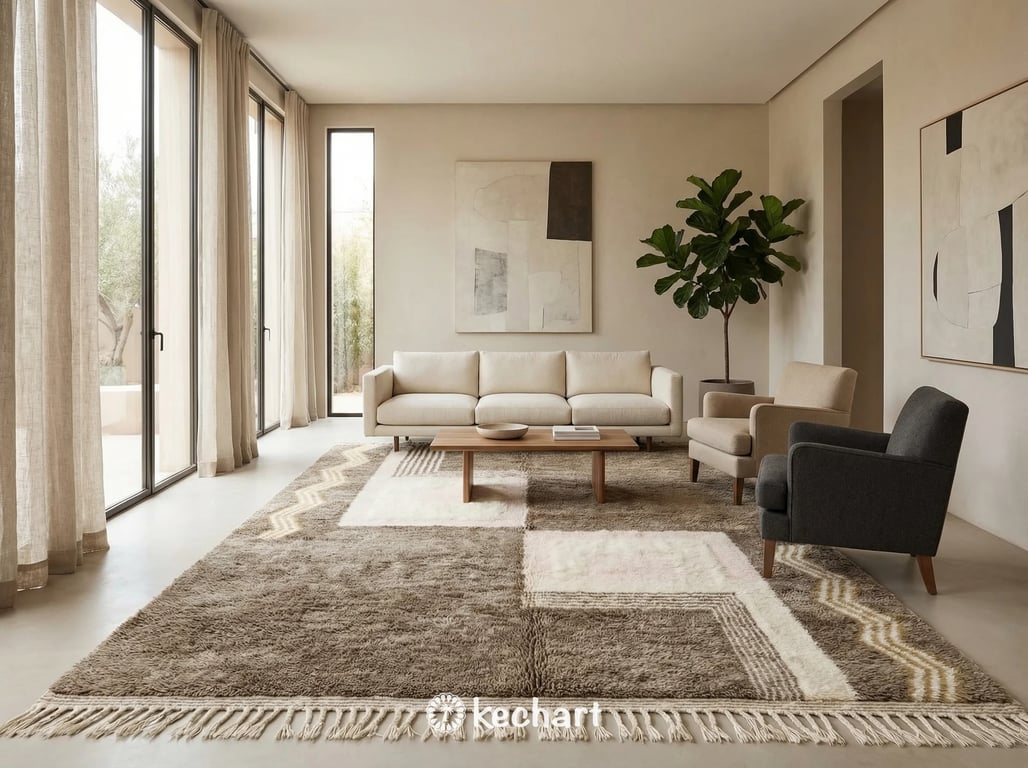 Authentic handwoven Beni Ourain rug with dark geometric diamonds shown in a bright, contemporary bohemian style apartment.