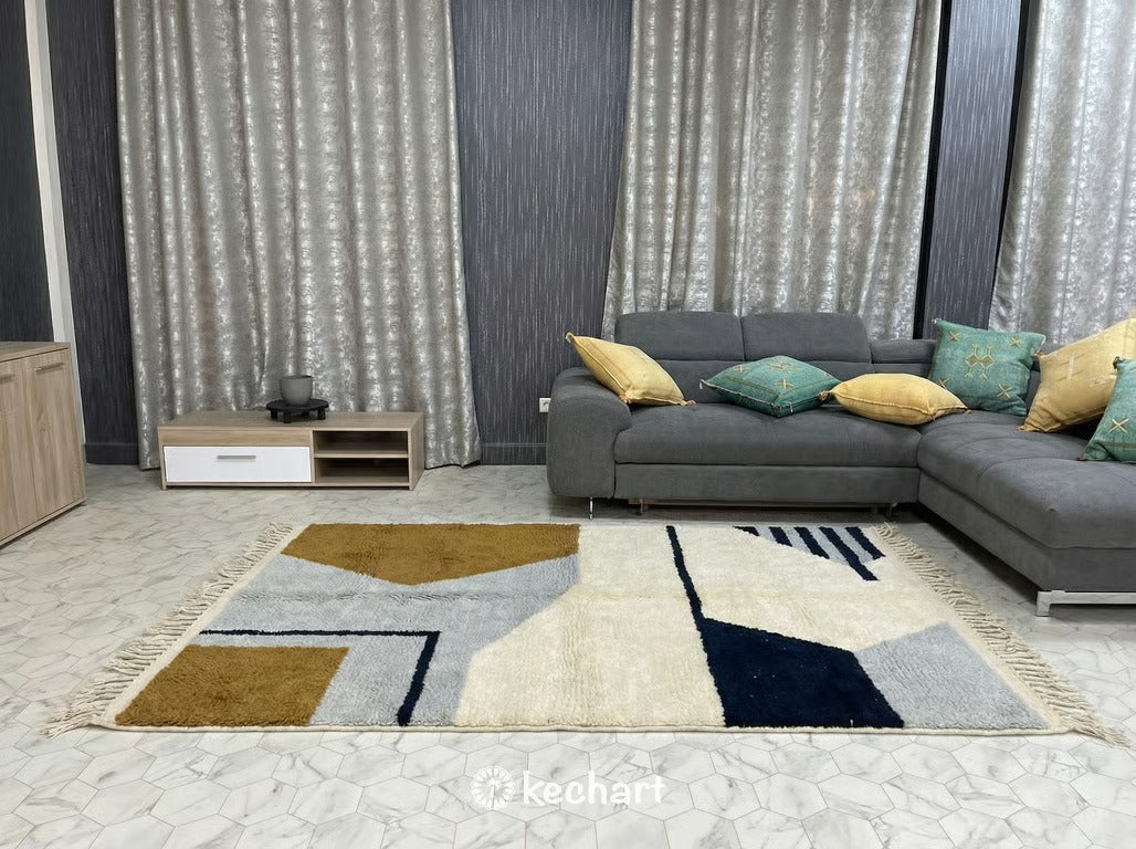 Expansive custom sized Berber rug filling a spacious open-plan living area, demonstrating the large scale availability up to 12x18 ft.
