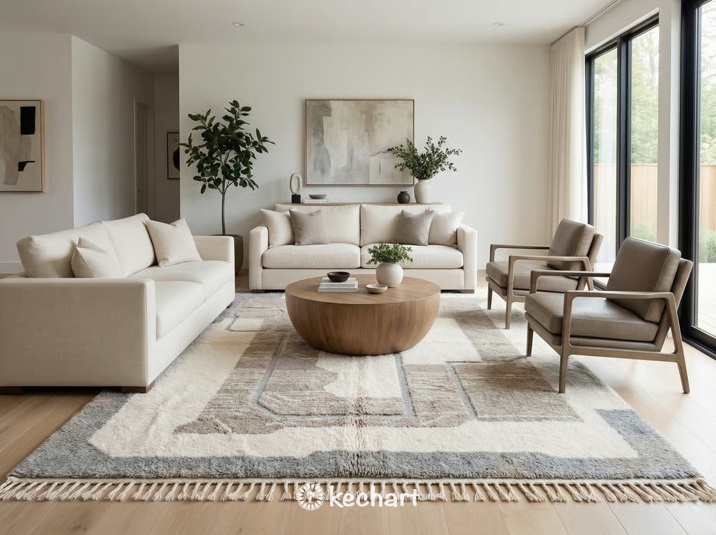 Large custom Moroccan wool area rug anchored under a linen sofa in a minimalist living room, adding texture and warmth with its grey diamond design.