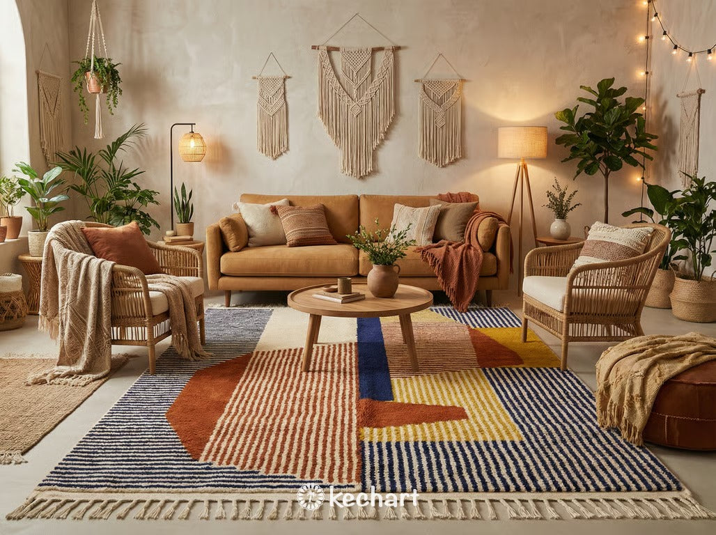 Plush made-to-order Beni Ourain shag rug placed under a queen-sized bed in a bohemian bedroom setting, adding warmth and texture to the space.