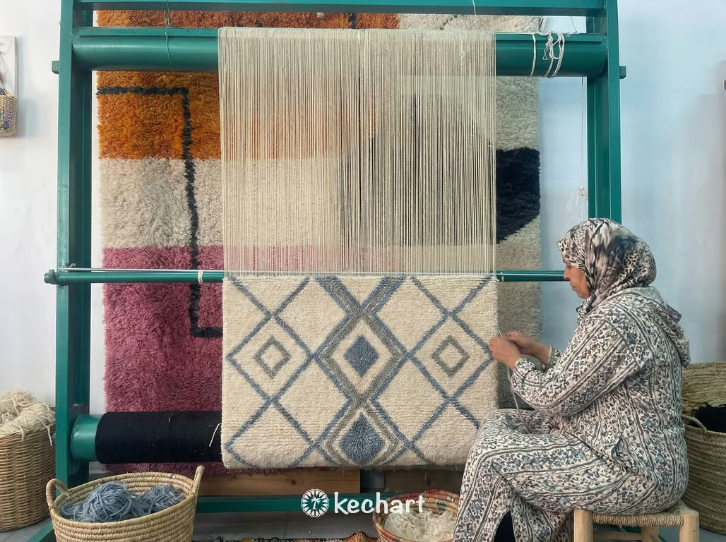 Custom Beni Ourain Rug - Handwoven Moroccan Wool with Organic Blue & Grey Pattern