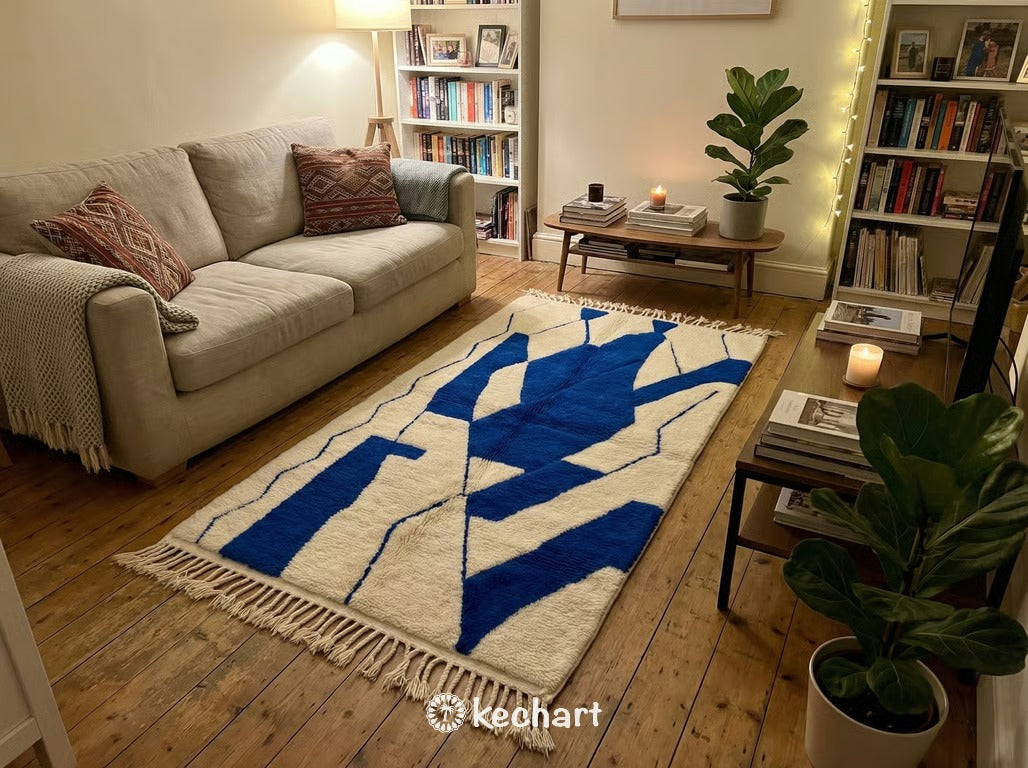 Custom Beni Ourain Rug - Made to Order Moroccan Wool Rug in Cream & Cobalt Blue
