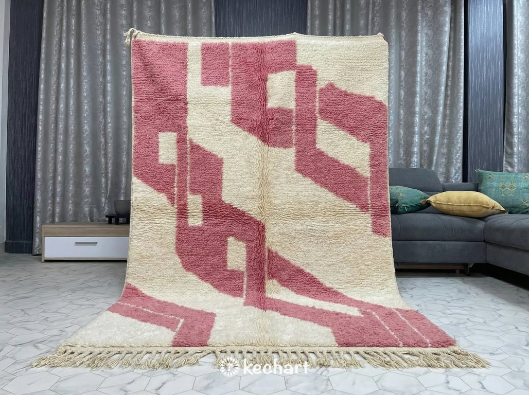 Close-up shot demonstrating the deep shaggy wool texture of a handcrafted Beni Ourain rug and the artisanal quality of the pink diamond weave.