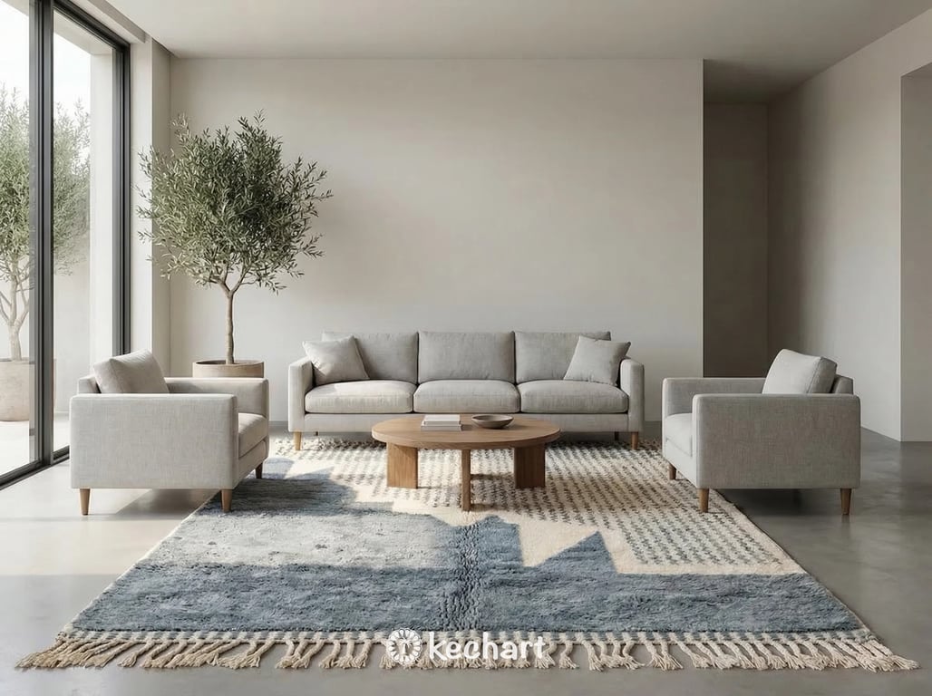 Plush shaggy Moroccan wool rug in a bohemian master bedroom setting, placed partially under a king-size bed with neutral bedding.