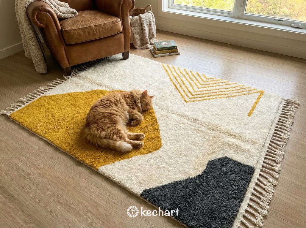 Handwoven Custom Beni Ourain Rug - Natural Cream & Curry Yellow Wool