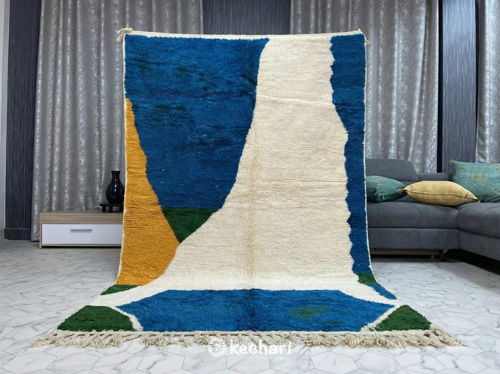Custom Beni Ourain Moroccan Rug - Handwoven Wool in Blue, Gold & Green