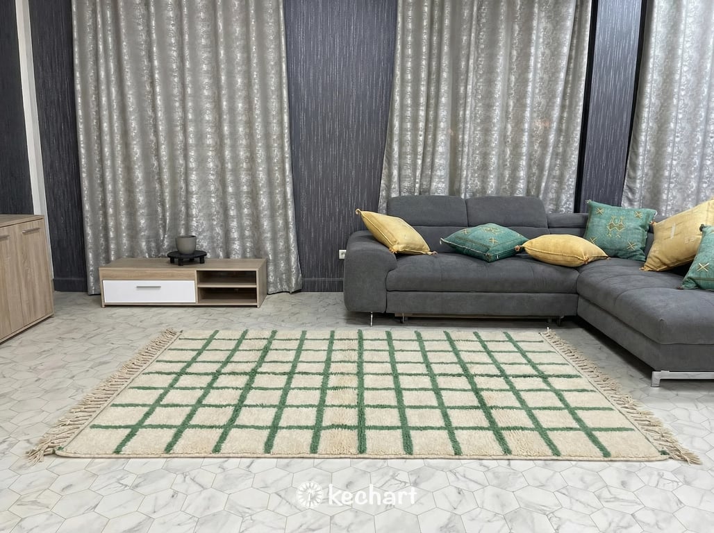 Custom Beni Ourain Rug - Cream & Russian Green Geometric Wool
