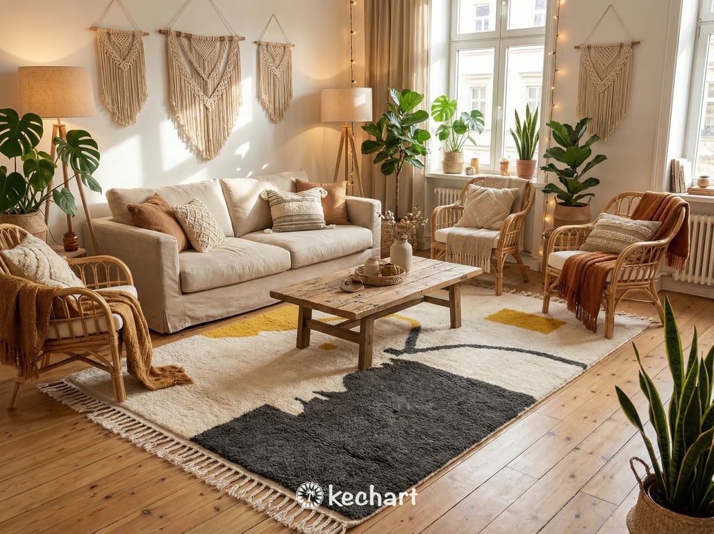 Custom size Moroccan Beni Ourain area rug anchoring a modern living room, styled under a minimalist white linen sofa and wooden coffee table, adding texture and warmth.